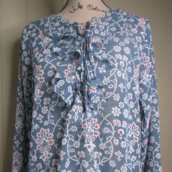 Ann Taylor Loft Sheer Blouse XS Ruffle Floral Blue Red White Long Sleeve - Picture 3 of 11